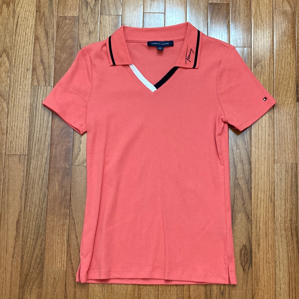 Tommy Hilfiger Coral V-Neck Polo with Black Accents